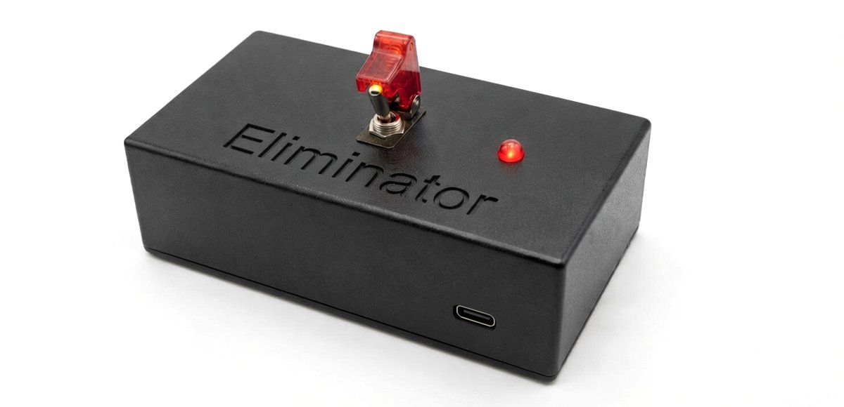 Η συσκευή Eliminator, μαύρο κουτί με διακόπτη, ενδεικτική λυχνία και θύρα USB-C